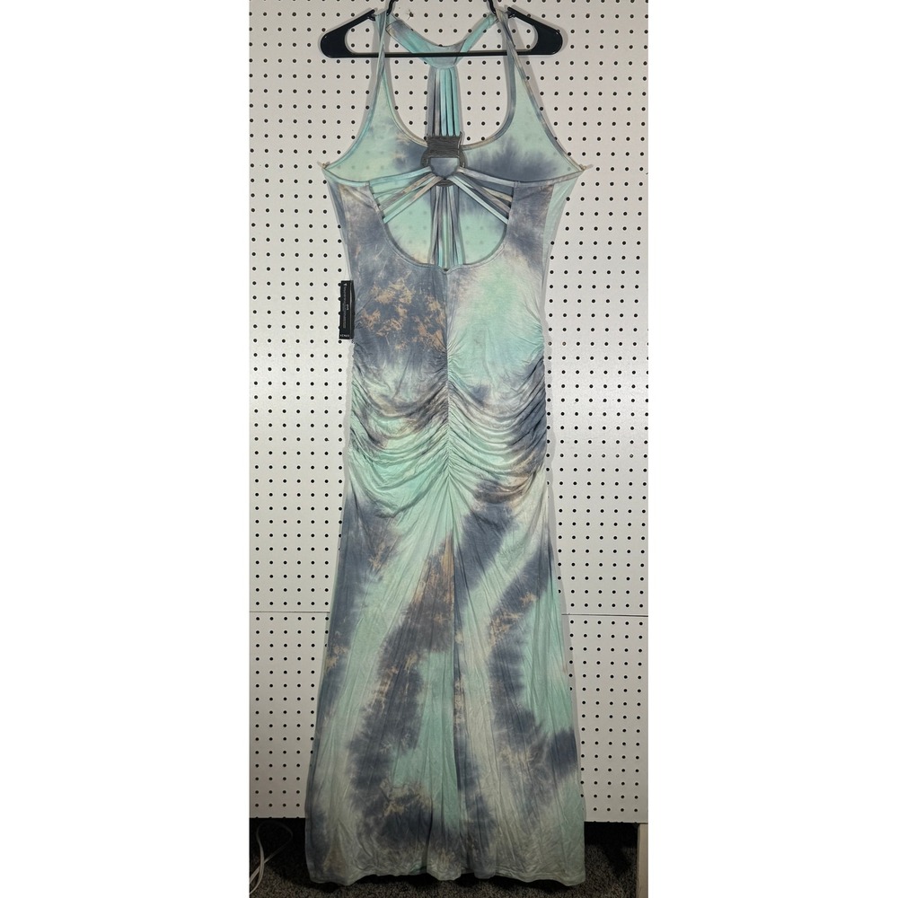 Venus Women Tie Dye Ruched Maxi Dress Strappy T-Back Mint Grey Large NWT